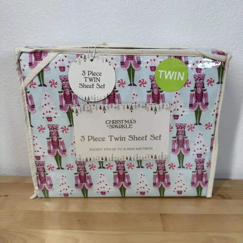Christmas 3 Piece‎ Twin Sheet Set Nutcracker Holiday Pattern White Trees